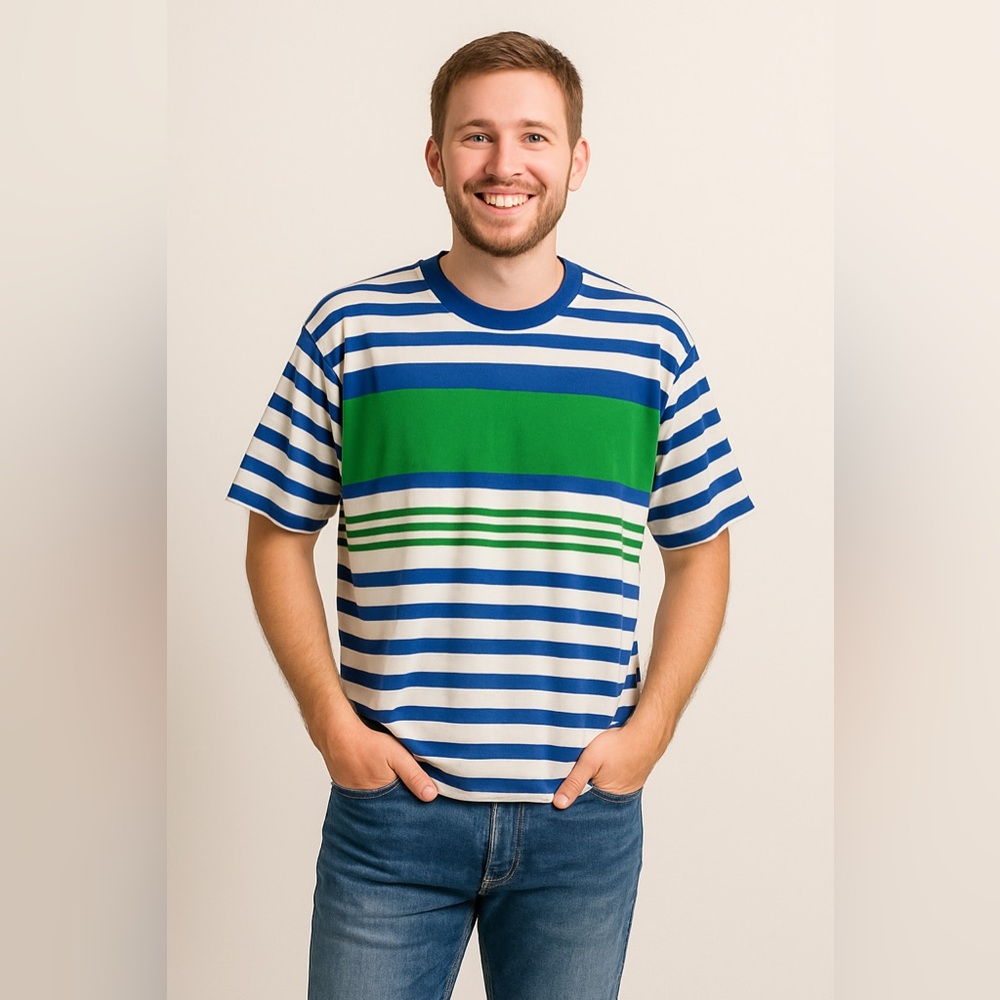 Vintage Jamaican Blue Green Stripes Crew Neck Cotton T Shirt Sz L NWT